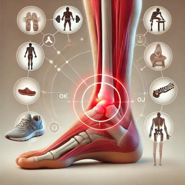 DALL·E 2024-09-30 16.27.13 – An image representing Achilles tendon pain and treatment. The focus should be on a human foot and lower leg, showing the Achilles tendon highlighted i